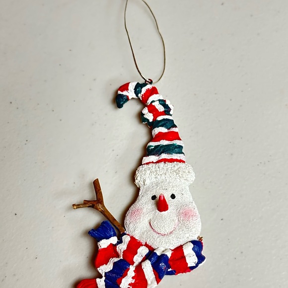Vintage Blue and red stripes silly hat and scarf snowman face ornament - Picture 10 of 14